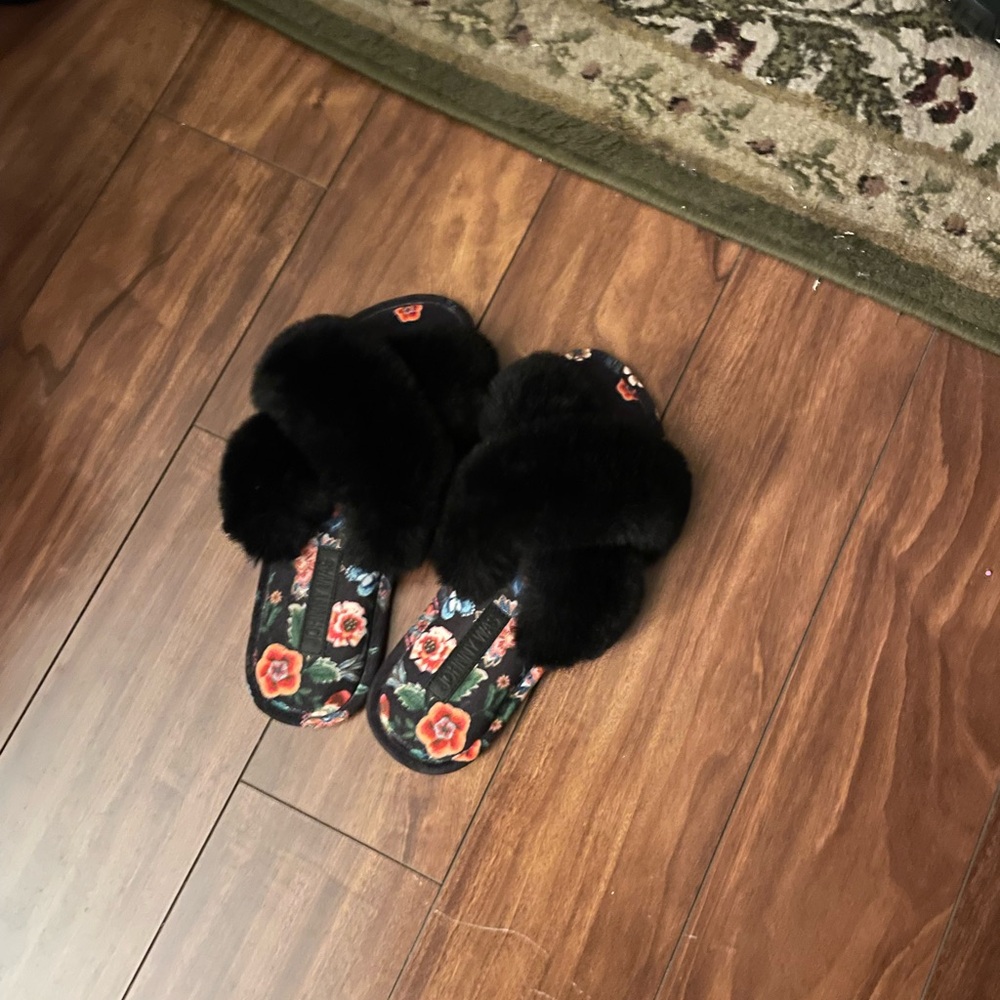 Johnny Was Black Floral Faux Fur Slippers